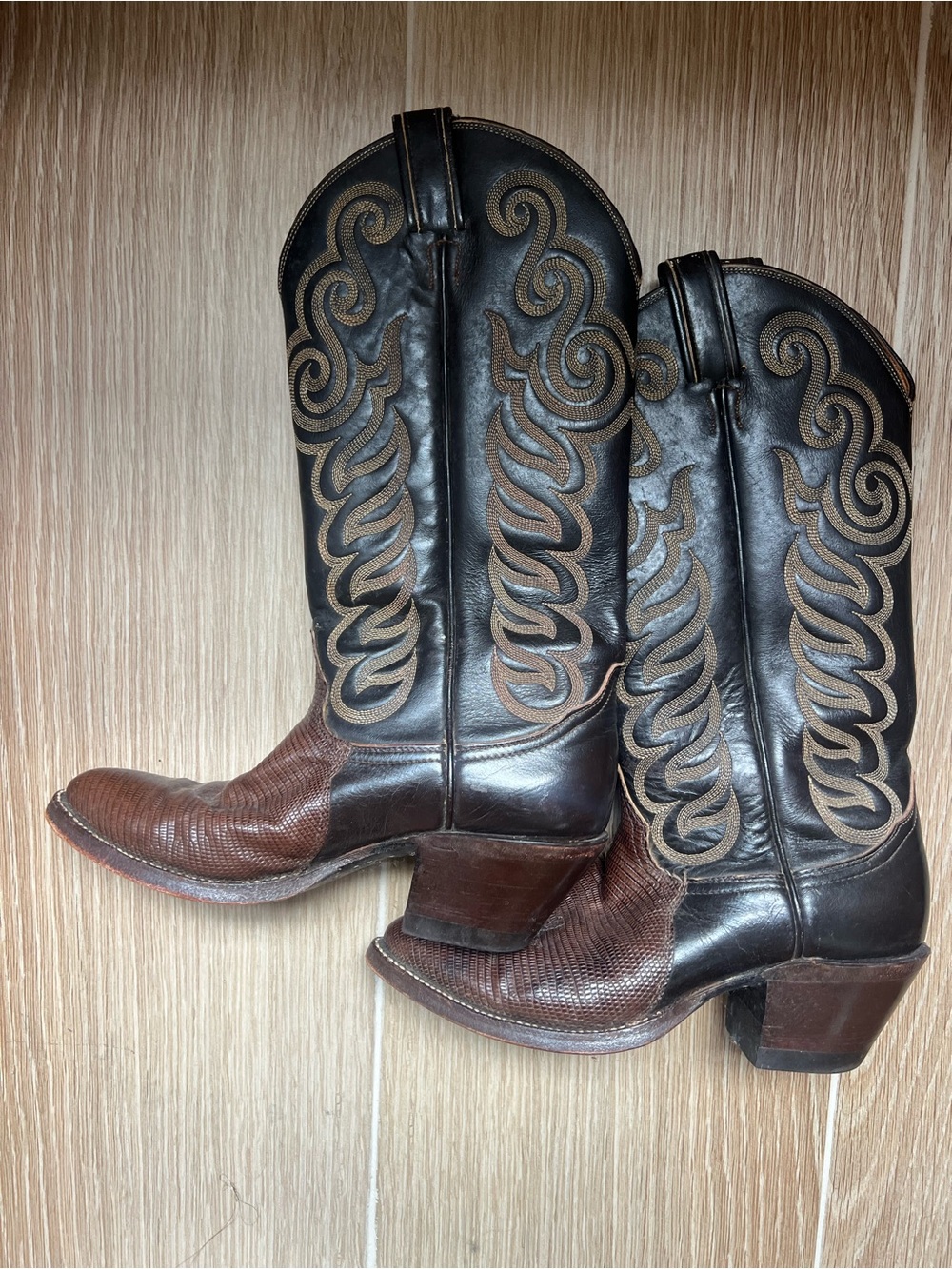 Tony Lama Brown and Black Leather Heeled Cowboy Boots